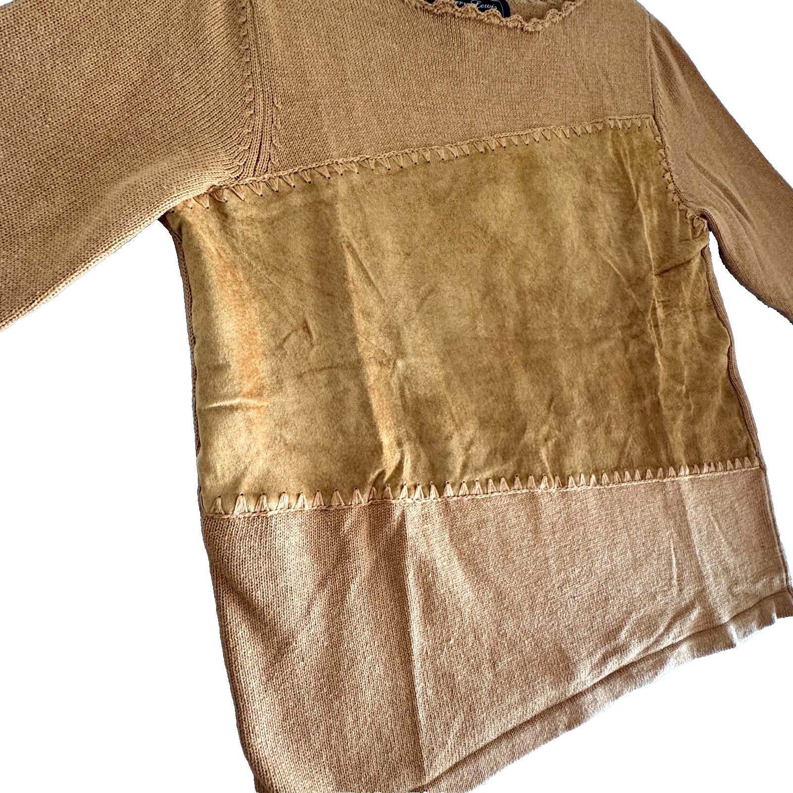 Terry Lewis Vintage Classic Luxuries Size Large Artsy Camel Leather Trim Sweater — image 5 of 8